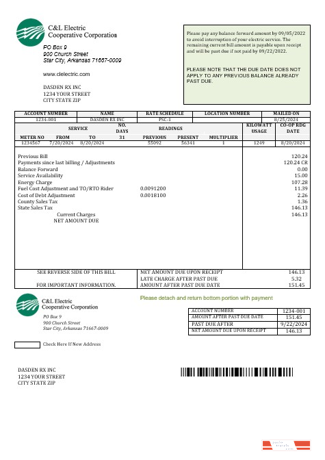 USA Arkansas C & L Electric Cooperative Corporation business utility bill template in Word and PDF formats
